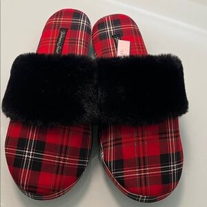 Victoria's Secret Red Plaid Slippers with Black Faux Fur